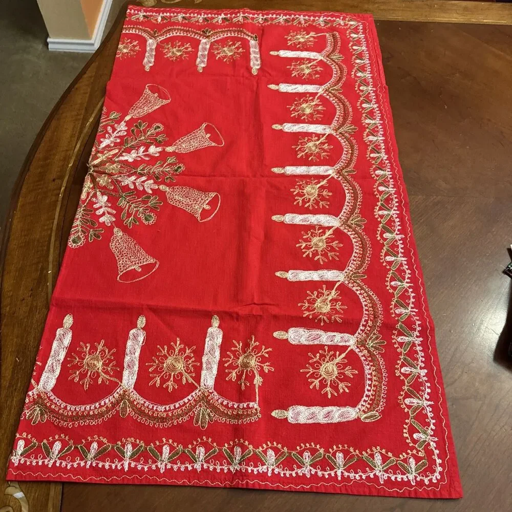 Holiday tablecloth, red gold metallic, 39”X 35”